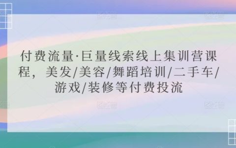 付费流量特训营：巨量线索实战课程，涵盖美发、美容、舞蹈培训、二手车、游戏、装修等行业投流技巧