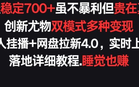 每日稳定收益700+，真实可靠，创新双模式多渠道变现，快手无人挂播与网盘拉新4.0策略