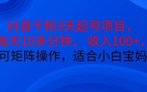 三天启动抖音账号项目，每日十分钟，日入百元以上，支持矩阵操作，小白宝妈轻松上手