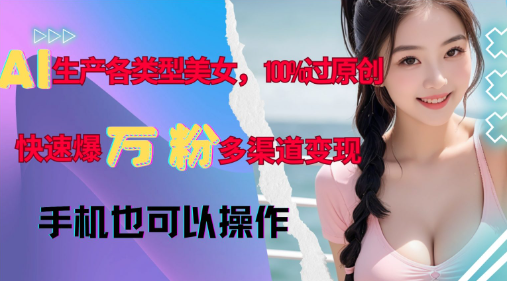 AI创作多样化美女内容，100%原创通过率，快速累积万粉，多平台变现，新手易操作