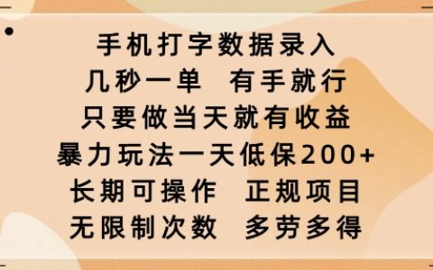 手机打字数据录入赚钱：几秒一单，有手就行，当天收益，日赚2张暴力玩法